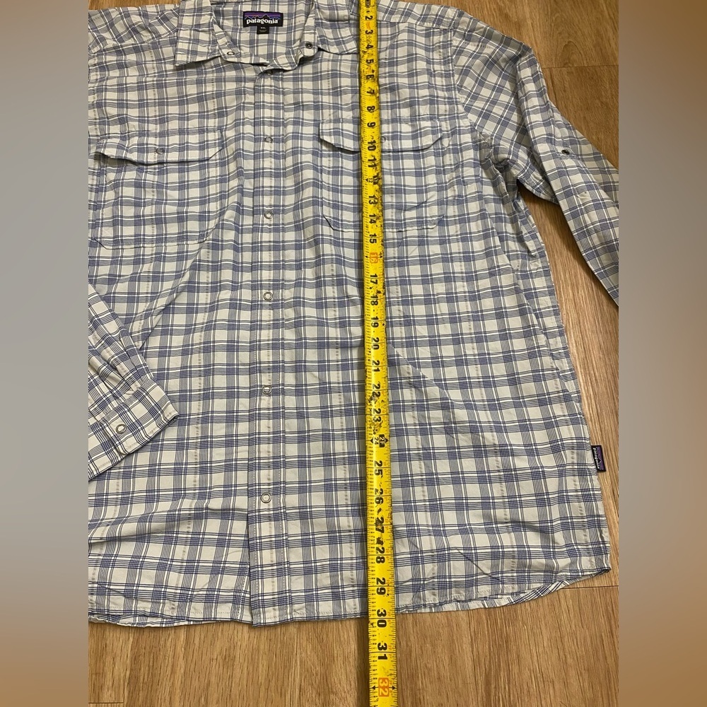 Patagonia Men’s Light Blue and White Plaid Button-Down Shirt - Picture 3 of 5